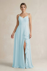 Sweetheart Ruffled A - Line Chiffon Bridesmaid Dress with Slit in Sky Blue - KissProm Bridesmaid Dresses