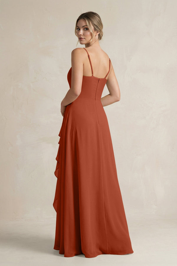 Sweetheart Ruffled A - Line Chiffon Bridesmaid Dress with Slit in Spice - KissProm Bridesmaid Dresses
