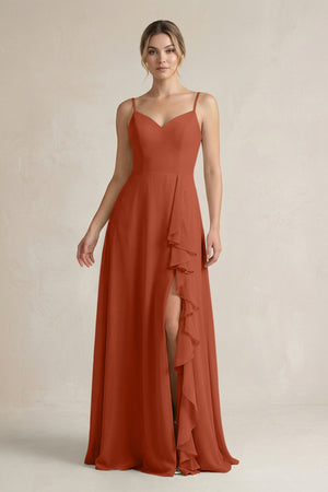 Sweetheart Ruffled A - Line Chiffon Bridesmaid Dress with Slit in Spice - KissProm Bridesmaid Dresses