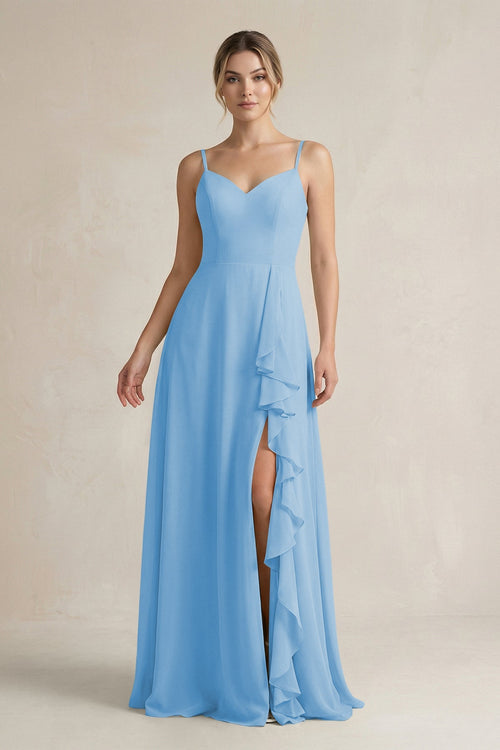 Sweetheart Ruffled A - Line Chiffon Bridesmaid Dress with Slit in Steel Blue - KissProm Bridesmaid Dresses