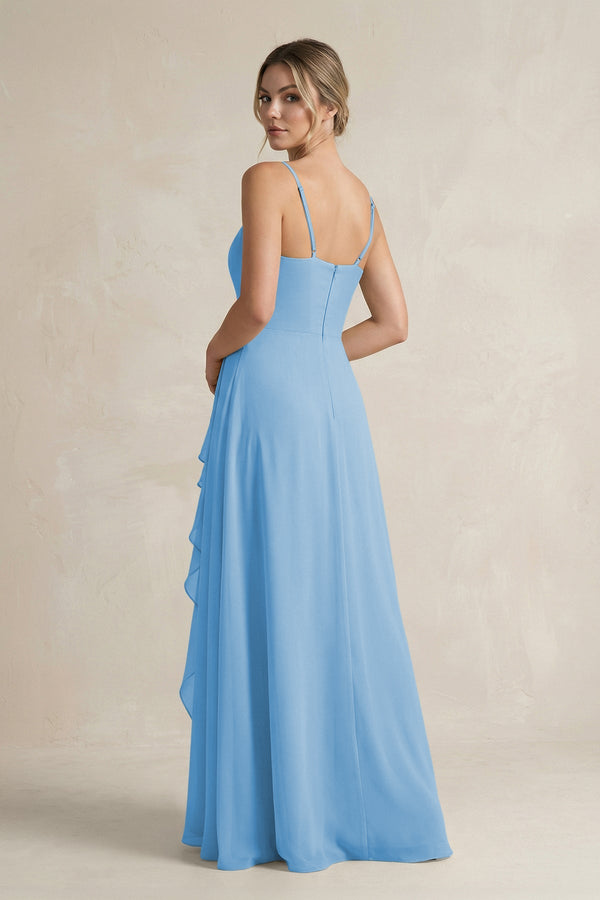 Sweetheart Ruffled A - Line Chiffon Bridesmaid Dress with Slit in Steel Blue - KissProm Bridesmaid Dresses