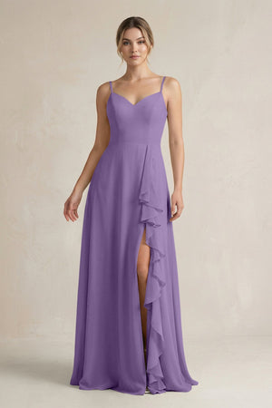 Sweetheart Ruffled A - Line Chiffon Bridesmaid Dress with Slit in Tahiti - KissProm Bridesmaid Dresses