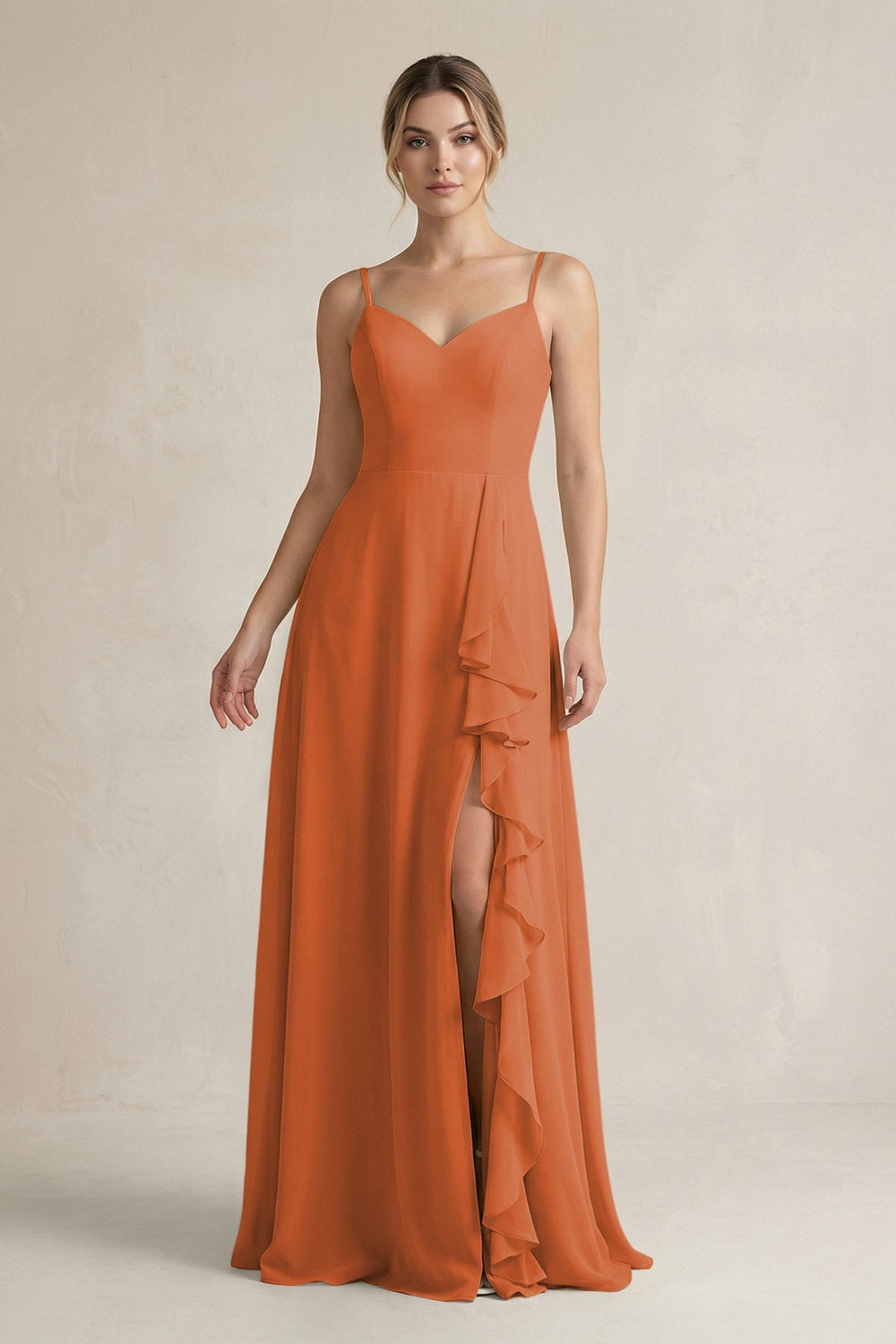Sweetheart Ruffled A - Line Chiffon Bridesmaid Dress with Slit in Terracotta - KissProm Bridesmaid Dresses