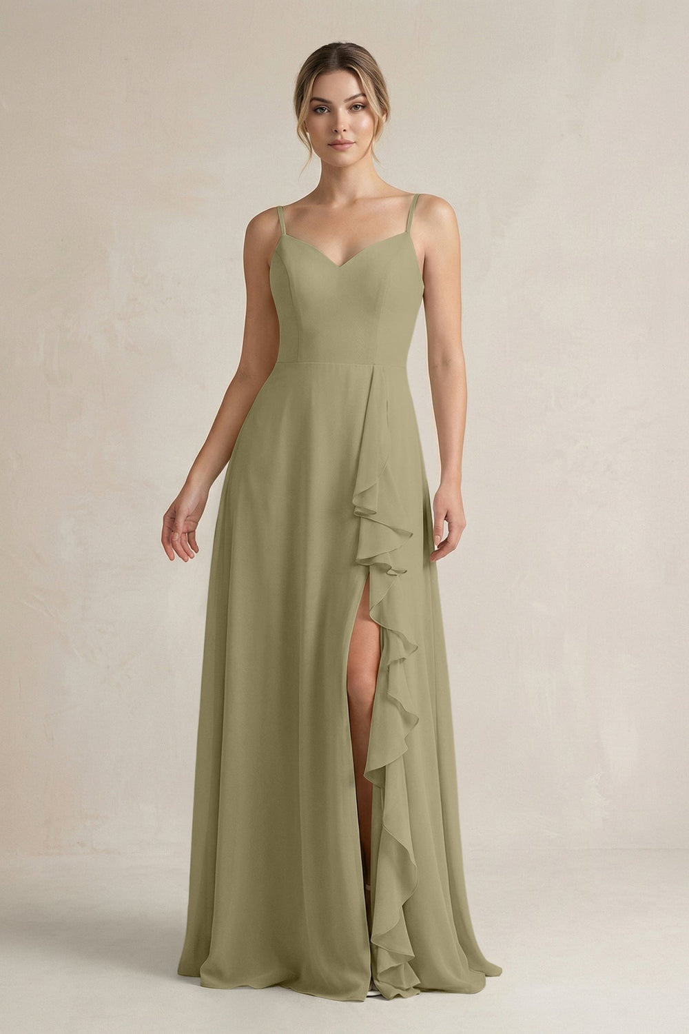 Sweetheart Ruffled A - Line Chiffon Bridesmaid Dress with Slit in Thyme - KissProm Bridesmaid Dresses