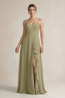 Sweetheart Ruffled A - Line Chiffon Bridesmaid Dress with Slit in Thyme - KissProm Bridesmaid Dresses