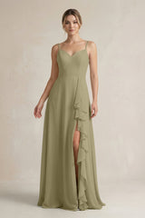Sweetheart Ruffled A - Line Chiffon Bridesmaid Dress with Slit in Thyme - KissProm Bridesmaid Dresses