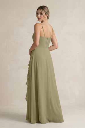 Sweetheart Ruffled A - Line Chiffon Bridesmaid Dress with Slit in Thyme - KissProm Bridesmaid Dresses