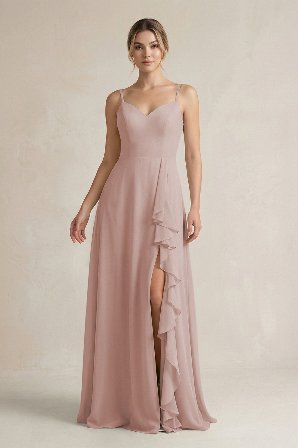 Sweetheart Ruffled A - Line Chiffon Bridesmaid Dress with Slit in Toffee - KissProm Bridesmaid Dresses
