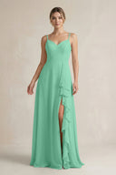 Sweetheart Ruffled A - Line Chiffon Bridesmaid Dress with Slit in Turquoise - KissProm Bridesmaid Dresses