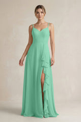 Sweetheart Ruffled A - Line Chiffon Bridesmaid Dress with Slit in Turquoise - KissProm Bridesmaid Dresses