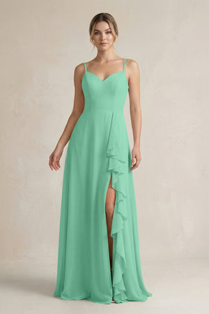 Sweetheart Ruffled A - Line Chiffon Bridesmaid Dress with Slit in Turquoise - KissProm Bridesmaid Dresses