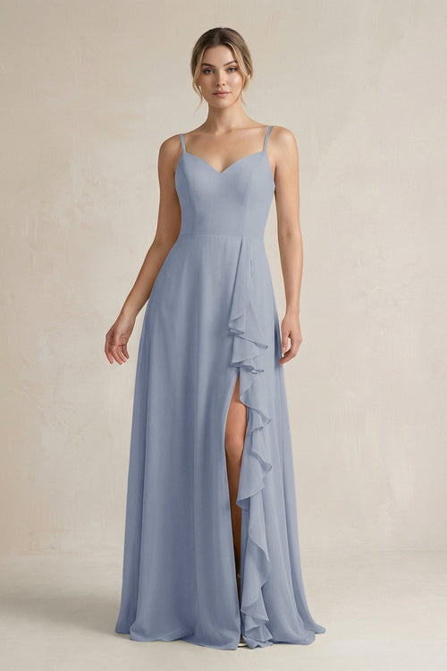 Sweetheart Ruffled A - Line Chiffon Bridesmaid Dress with Slit in Twilight - KissProm Bridesmaid Dresses
