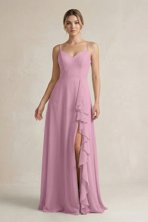 Sweetheart Ruffled A - Line Chiffon Bridesmaid Dress with Slit in Vintage Mauve - KissProm Bridesmaid Dresses