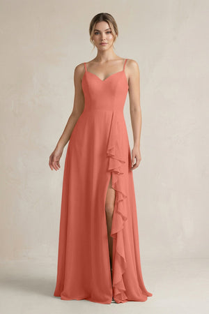 Sweetheart Ruffled A - Line Chiffon Bridesmaid Dress with Slit in Wild Rose - KissProm Bridesmaid Dresses
