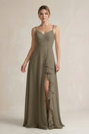 Sweetheart Ruffled A - Line Chiffon Bridesmaid Dress with Slit in Willow Green - KissProm Bridesmaid Dresses