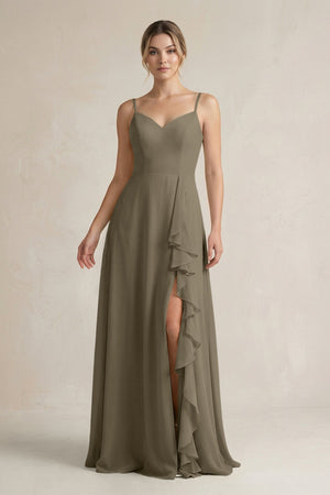 Sweetheart Ruffled A - Line Chiffon Bridesmaid Dress with Slit in Willow Green - KissProm Bridesmaid Dresses