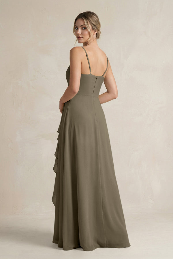 Sweetheart Ruffled A - Line Chiffon Bridesmaid Dress with Slit in Willow Green - KissProm Bridesmaid Dresses