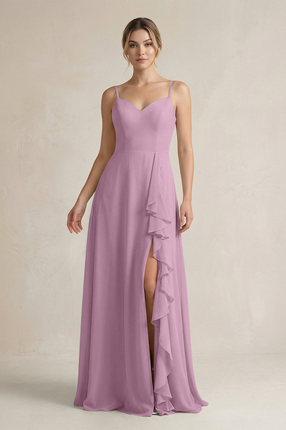 Sweetheart Ruffled A - Line Chiffon Bridesmaid Dress with Slit in Wisteria - KissProm Bridesmaid Dresses