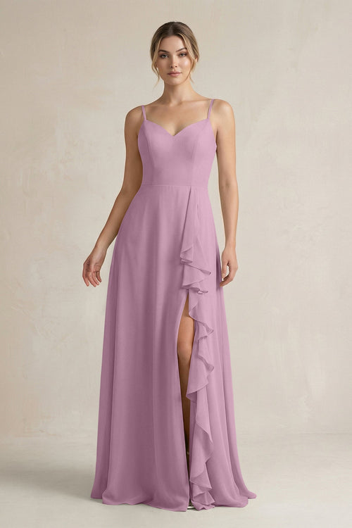 Sweetheart Ruffled A - Line Chiffon Bridesmaid Dress with Slit in Wisteria - KissProm Bridesmaid Dresses