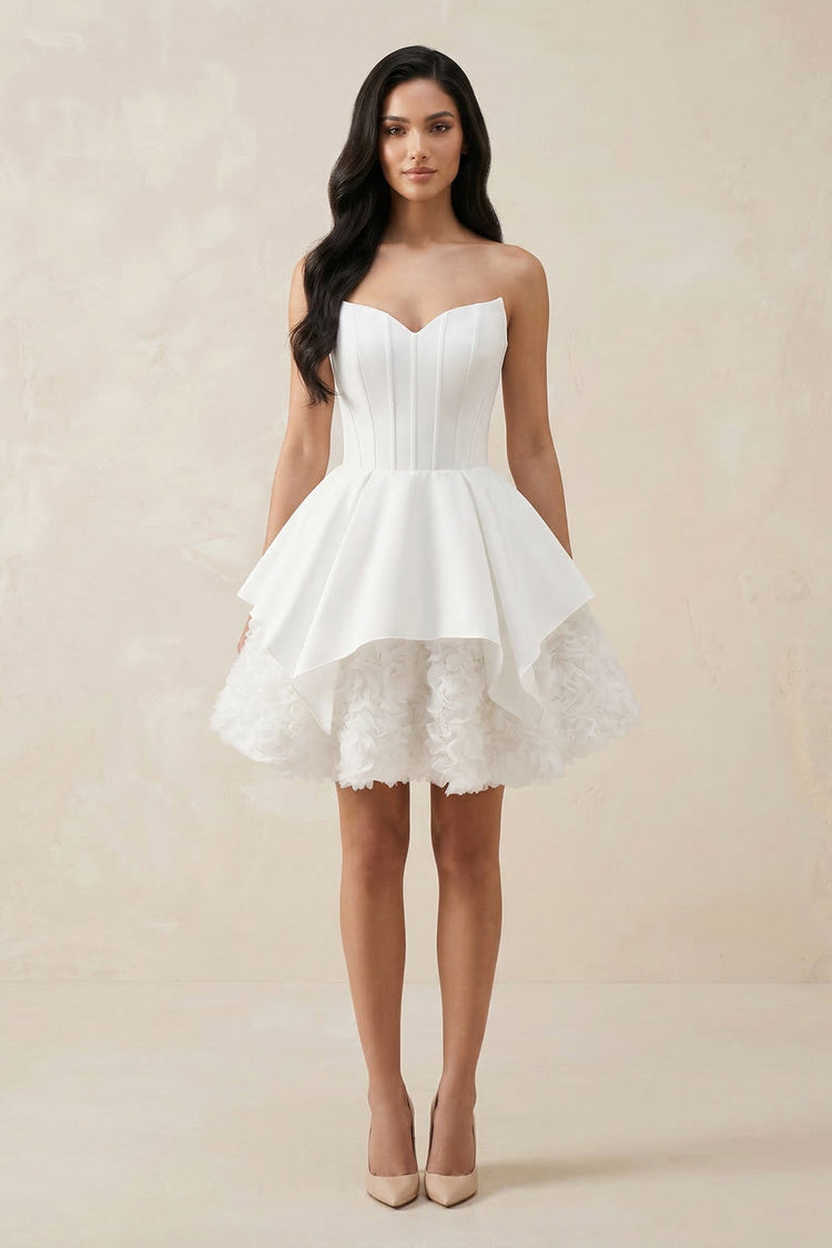 KissProm Sweetheart Ruffled Corset Mini Wedding Dress in White, White / 4