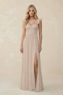 Sweetheart Ruffled Sleeve A - Line Chiffon Bridesmaid Dress in Almond - KissProm Bridesmaid Dresses
