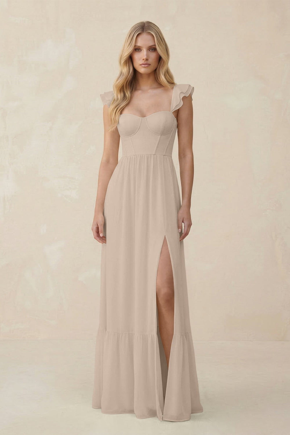 Sweetheart Ruffled Sleeve A - Line Chiffon Bridesmaid Dress in Almond - KissProm Bridesmaid Dresses
