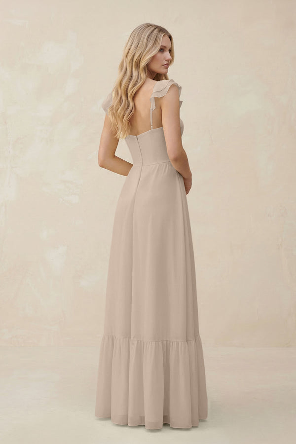 Sweetheart Ruffled Sleeve A - Line Chiffon Bridesmaid Dress in Almond - KissProm Bridesmaid Dresses