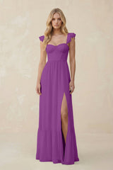 Sweetheart Ruffled Sleeve A - Line Chiffon Bridesmaid Dress in Amethyst - KissProm Bridesmaid Dresses