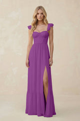 Sweetheart Ruffled Sleeve A - Line Chiffon Bridesmaid Dress in Amethyst - KissProm Bridesmaid Dresses