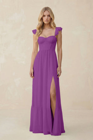Sweetheart Ruffled Sleeve A - Line Chiffon Bridesmaid Dress in Amethyst - KissProm Bridesmaid Dresses