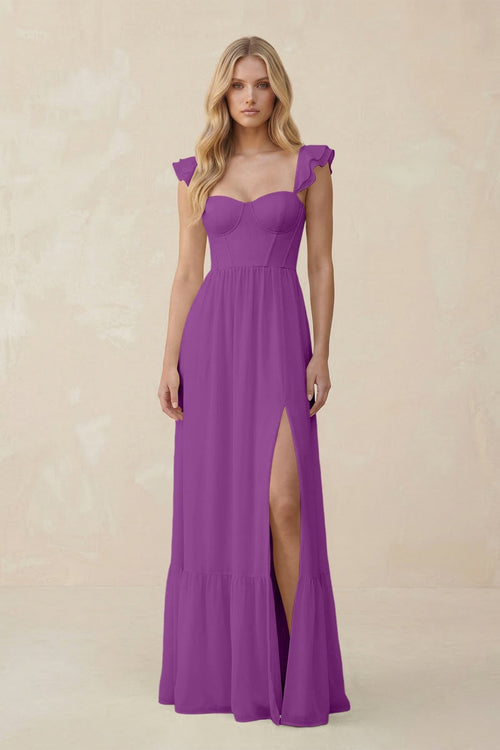 Sweetheart Ruffled Sleeve A - Line Chiffon Bridesmaid Dress in Amethyst - KissProm Bridesmaid Dresses
