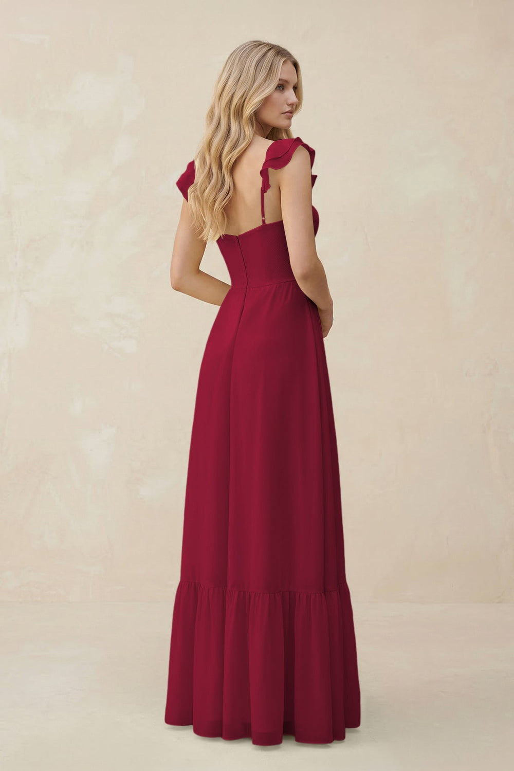 Sweetheart Ruffled Sleeve A - Line Chiffon Bridesmaid Dress in Berry - KissProm Bridesmaid Dresses