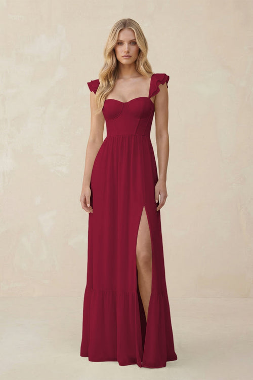 Sweetheart Ruffled Sleeve A - Line Chiffon Bridesmaid Dress in Berry - KissProm Bridesmaid Dresses