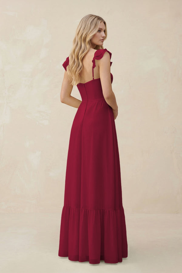 Sweetheart Ruffled Sleeve A - Line Chiffon Bridesmaid Dress in Berry - KissProm Bridesmaid Dresses