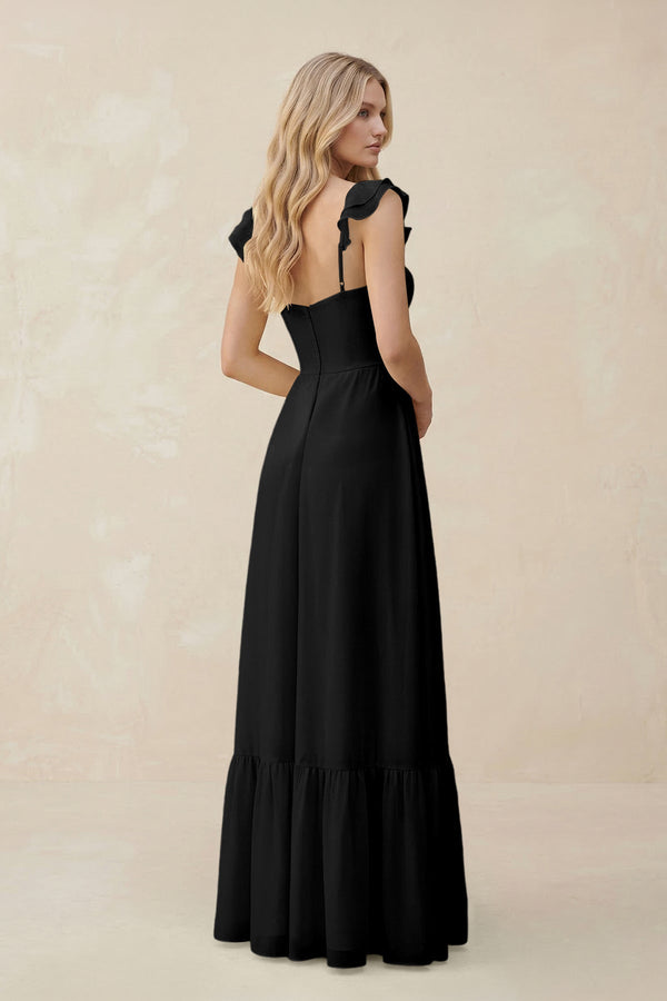 Sweetheart Ruffled Sleeve A - Line Chiffon Bridesmaid Dress in Black - KissProm Bridesmaid Dresses