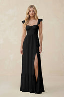 Sweetheart Ruffled Sleeve A - Line Chiffon Bridesmaid Dress in Black - KissProm Bridesmaid Dresses