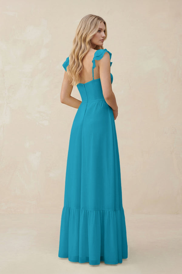 Sweetheart Ruffled Sleeve A - Line Chiffon Bridesmaid Dress in Blue Jay - KissProm Bridesmaid Dresses