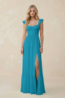 Sweetheart Ruffled Sleeve A - Line Chiffon Bridesmaid Dress in Blue Jay - KissProm Bridesmaid Dresses