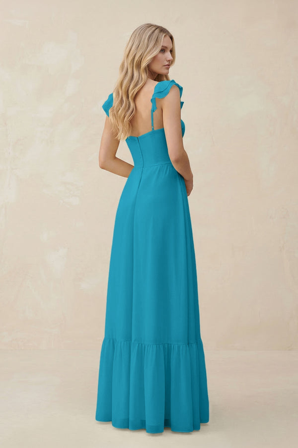 Sweetheart Ruffled Sleeve A - Line Chiffon Bridesmaid Dress in Blue Jay - KissProm Bridesmaid Dresses