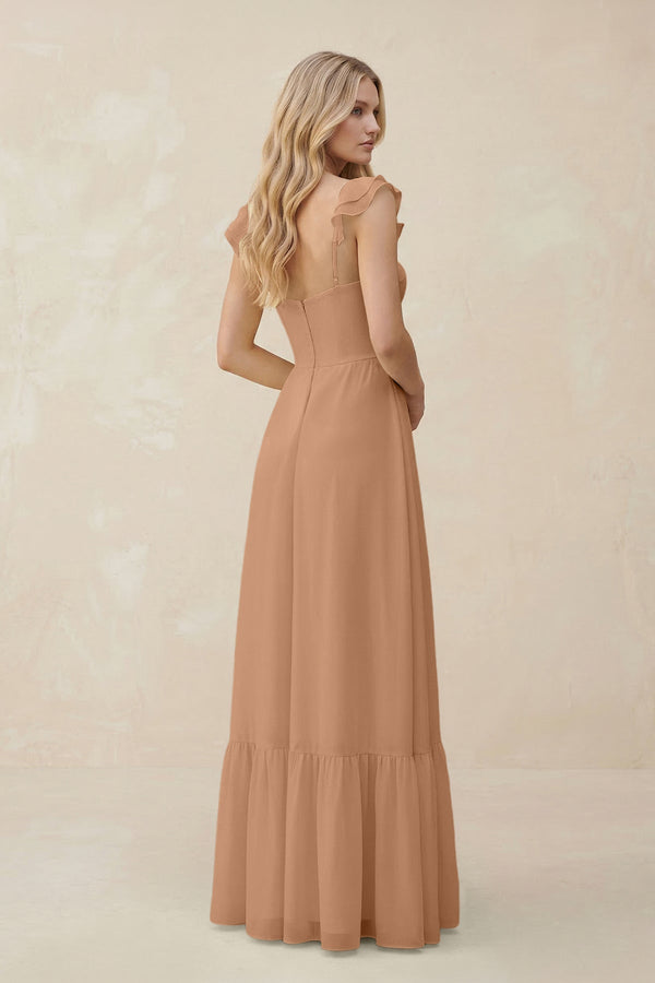 Sweetheart Ruffled Sleeve A - Line Chiffon Bridesmaid Dress in Bronzer - KissProm Bridesmaid Dresses