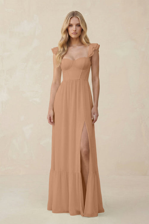 Sweetheart Ruffled Sleeve A - Line Chiffon Bridesmaid Dress in Bronzer - KissProm Bridesmaid Dresses