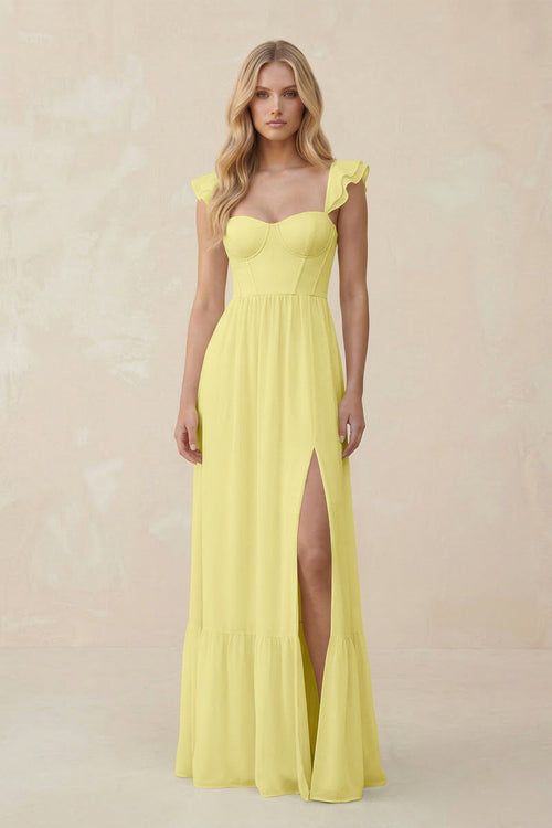Sweetheart Ruffled Sleeve A - Line Chiffon Bridesmaid Dress in Buttercup - KissProm Bridesmaid Dresses