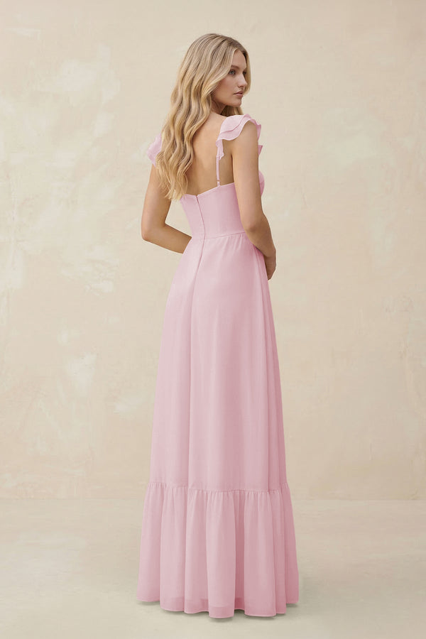 Sweetheart Ruffled Sleeve A - Line Chiffon Bridesmaid Dress in Candy Pink - KissProm Bridesmaid Dresses