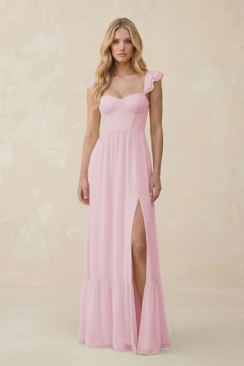 Sweetheart Ruffled Sleeve A - Line Chiffon Bridesmaid Dress in Candy Pink - KissProm Bridesmaid Dresses