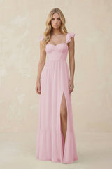 Sweetheart Ruffled Sleeve A - Line Chiffon Bridesmaid Dress in Candy Pink - KissProm Bridesmaid Dresses