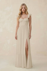 Sweetheart Ruffled Sleeve A - Line Chiffon Bridesmaid Dress in Champagne - KissProm Bridesmaid Dresses
