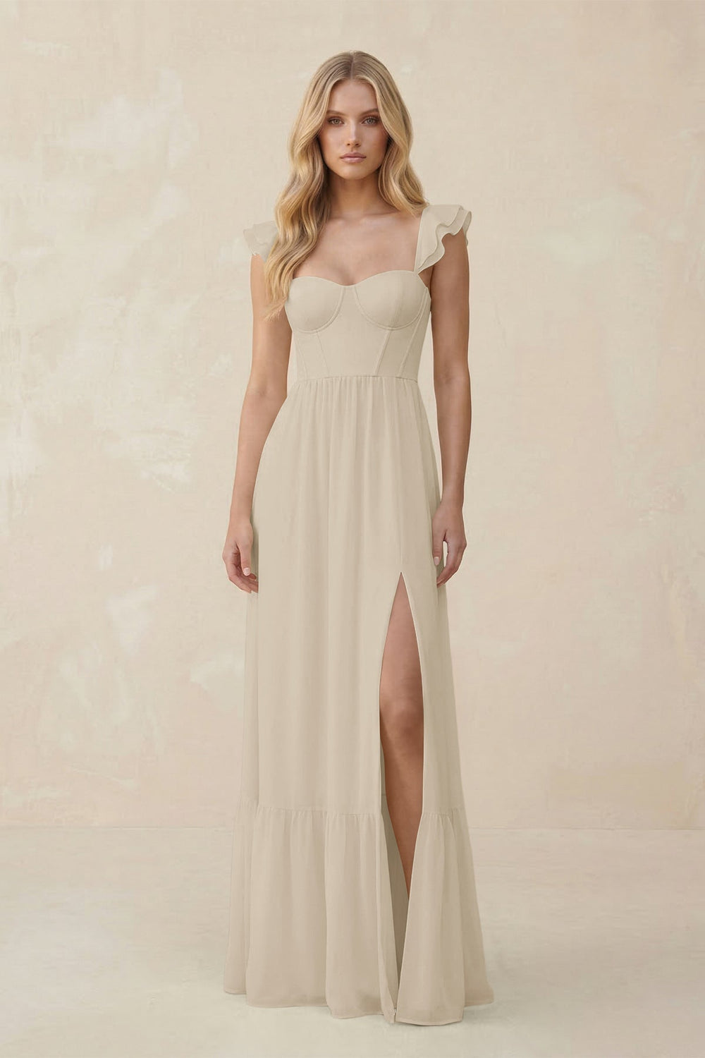 Sweetheart Ruffled Sleeve A - Line Chiffon Bridesmaid Dress in Champagne - KissProm Bridesmaid Dresses