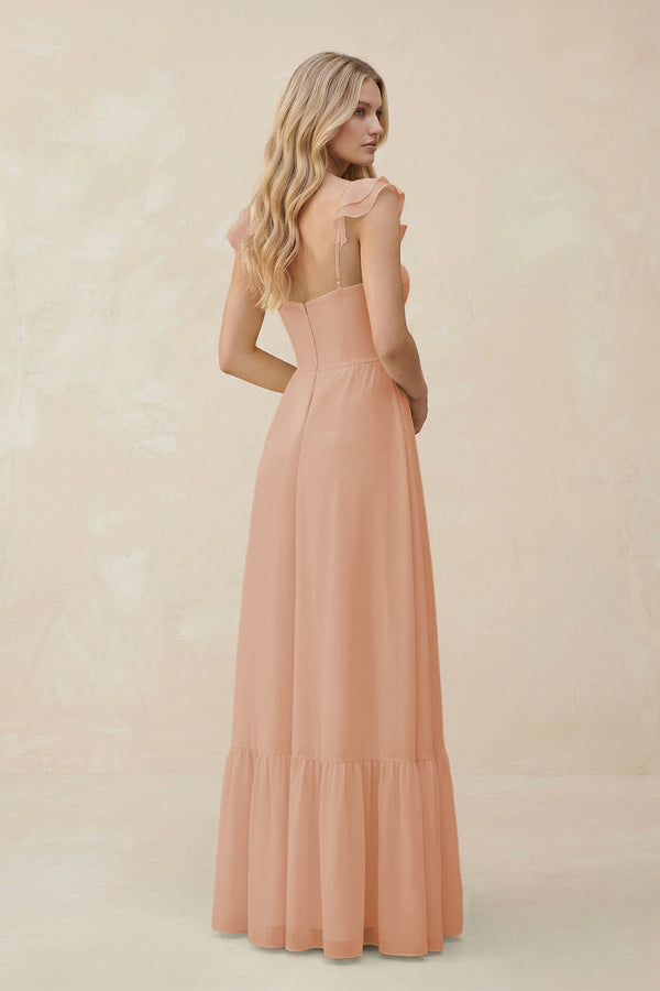 Sweetheart Ruffled Sleeve A - Line Chiffon Bridesmaid Dress in Champagne Rose - KissProm Bridesmaid Dresses