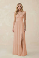 Sweetheart Ruffled Sleeve A - Line Chiffon Bridesmaid Dress in Champagne Rose - KissProm Bridesmaid Dresses