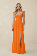 Sweetheart Ruffled Sleeve A - Line Chiffon Bridesmaid Dress in Cinnamon - KissProm Bridesmaid Dresses